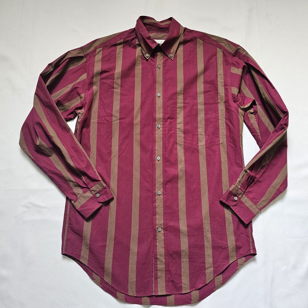 Vintage Perry Ellis Long Sleeve Button-Down Shirt Burgundy Brown Stripes S